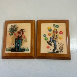 Vintage happy clown circus flowers balloons dog lacquered wood wall art hangings